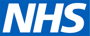 NHS logo, white NHS text on blue background