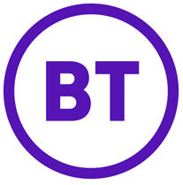 The logo for BT written in purple on a white background