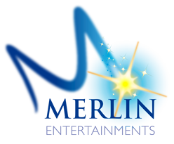 The logo for Merlin Entertainments written in blue font with a yellow star
