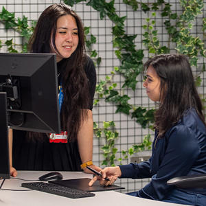 Female lecturer teaching her student at a computer.
