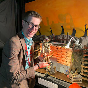 Leo Wright pictured by the set of his animation No Man's Land