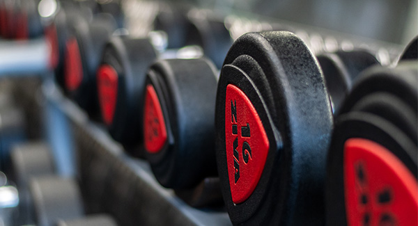 close up of black and red 16kg dumbbells