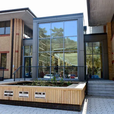 The exterior of the brand new atrium at the Centre for Health Innovation.