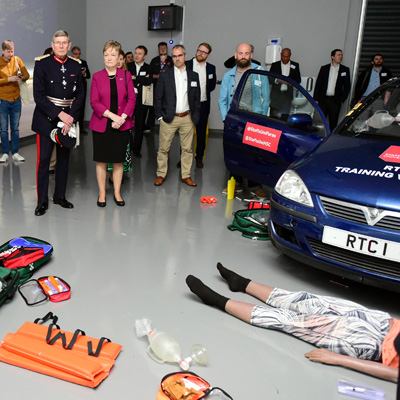 One of the large simulation spaces in action simulating a road traffic accident.