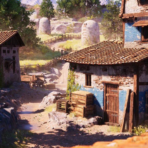 A close up shot of computer generated artwork by Nathan Rose. A rustic Mediterranean building features a wooden door and shutters. Some of the brick work is exposed, and there are remnants of blue paintwork. Outside the main building there is a fence, woo