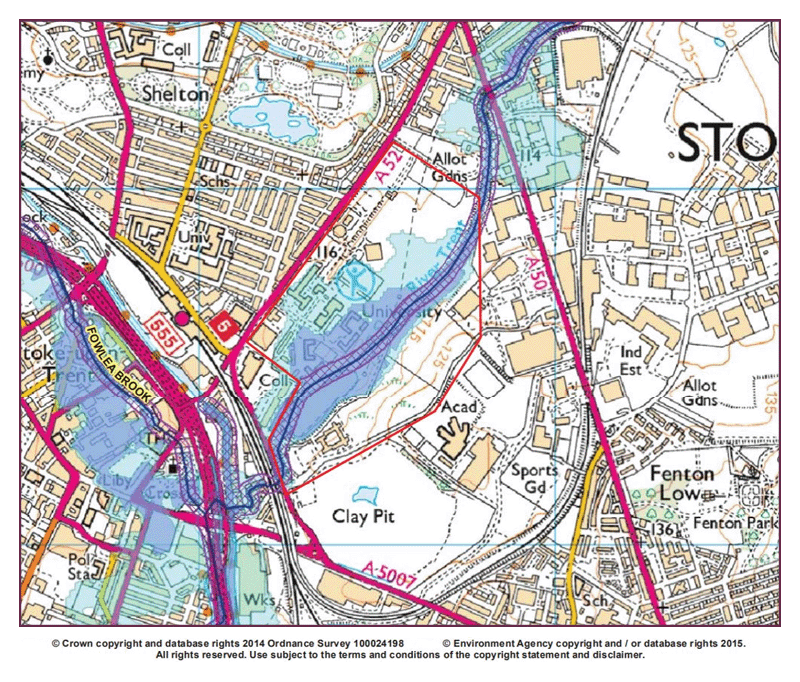 Map showing potential flood areas around the Stoke-on-Trent Campus.