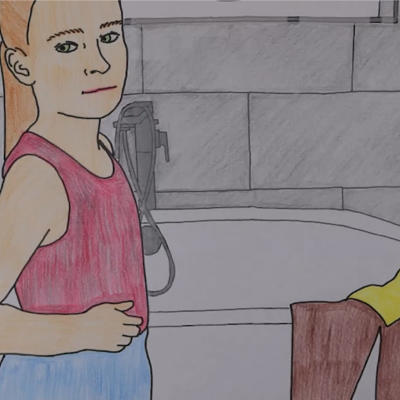 Artwork of a female presenting girl trying on masculine clothing in the bathroom. The artwork is created with fine-liners and colouring pencils. 