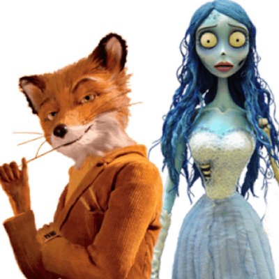 On a white background, and Wes Anderson’s Fantastic Mr Fox., Tim Burton’s Corpse Bride.