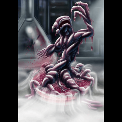 A dark purple demon, with twisting tentacles that make up the anthropomorphised anatomy. With five legs spread out over a bubbling petri dish, one arm torn off, and the other raised above with three claw like fingers. The head is similar to a fish with sharp pointed teeth. In the background is a large Erlenmeyer flask, with a dark faded background.