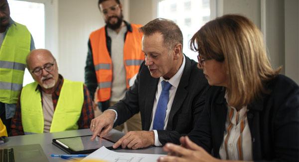 A mixed group of employers wearing suits and high-visibility jackets are gathered in an office discussing information iPad