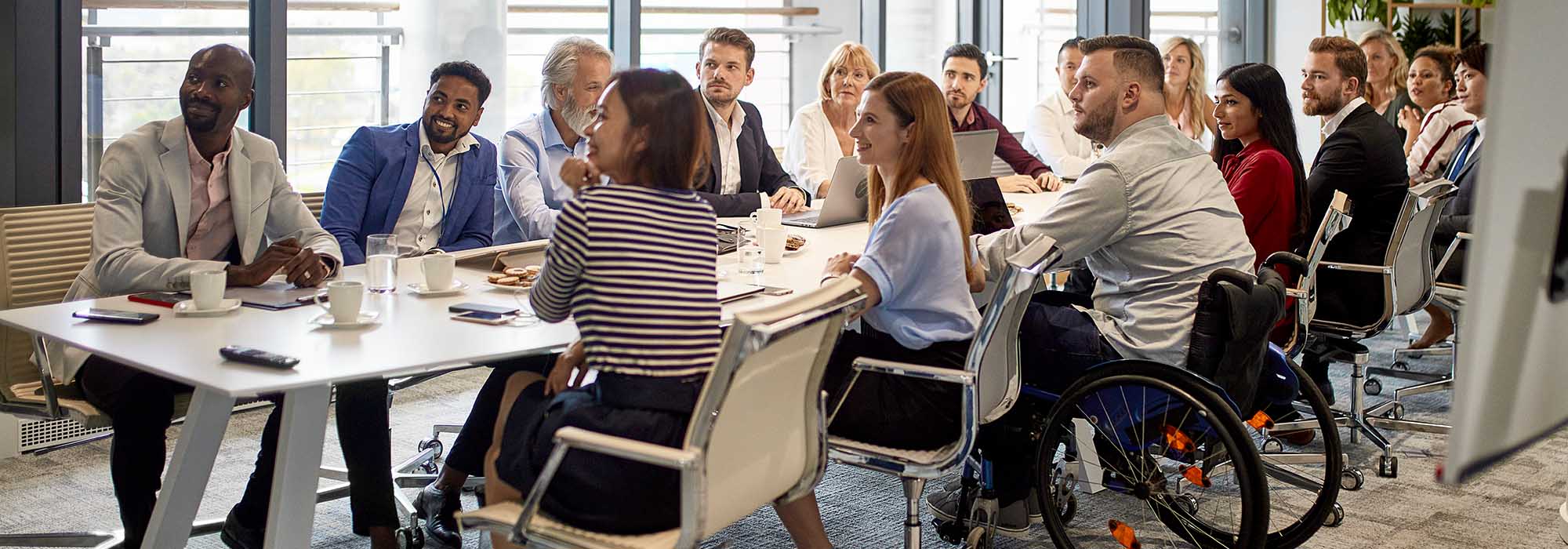 mixed group of business professionals sitting around a meeting table