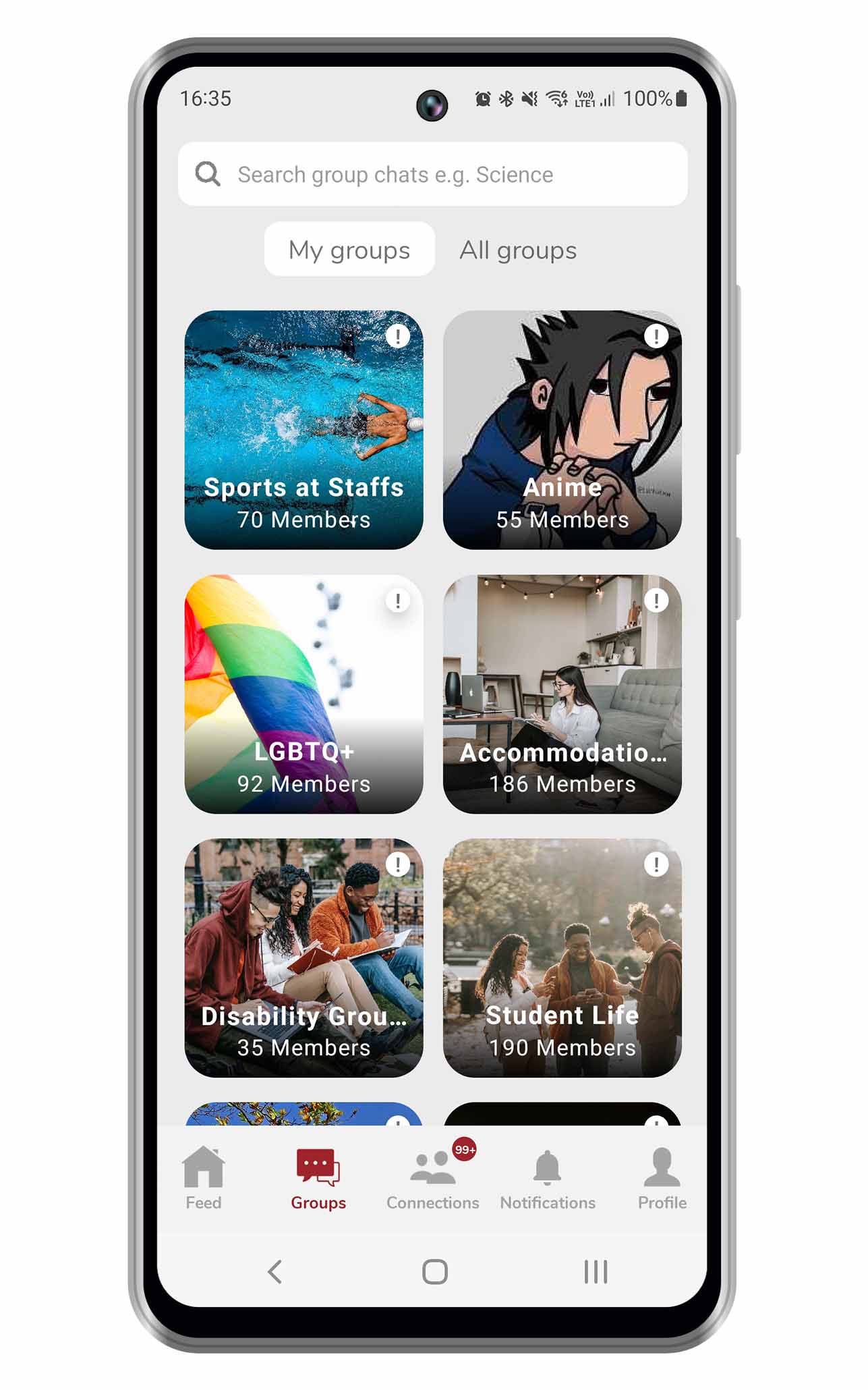 Screenshot of the Staffs Campus Connect app, showing a selection of the groups available including LGBTQ+, Accommodation, Sports and ask a current student