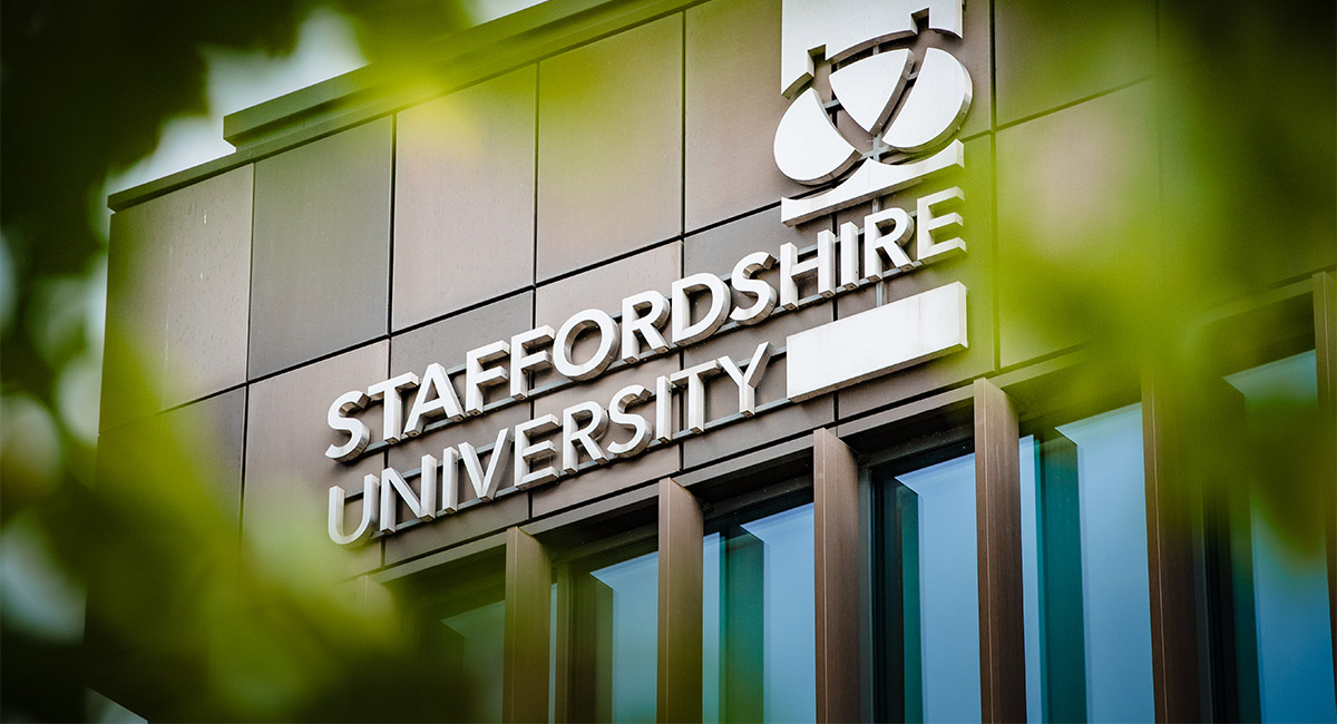 close up shot of the Staffordshire university logo on the science centre