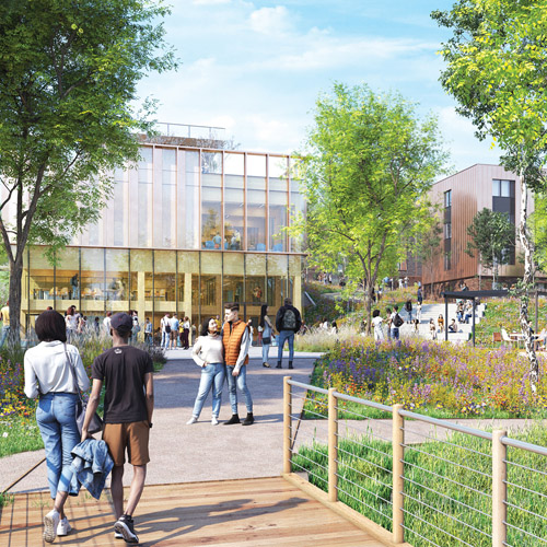 An artistic impression of the outside area of the new Student Village and Village hub