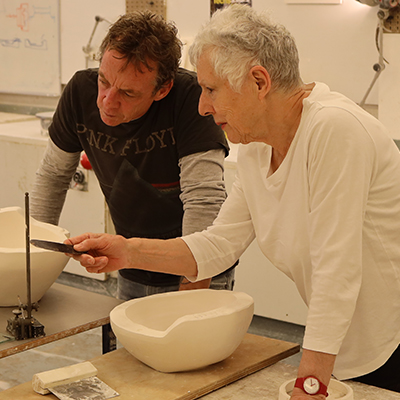 Ceramics Technician Dave Finney with artist in residence Margaret O'Rourke