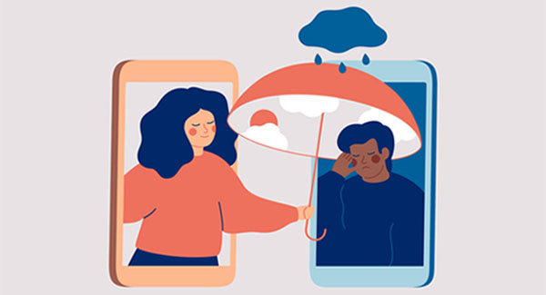 An illustration of a woman holding an umbrella over a sad man and offering comfort over phone communication