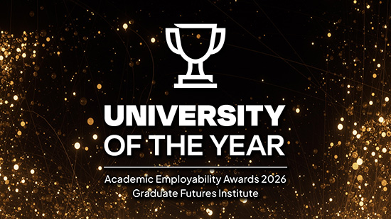 A dark and gold graphic showing university of the year with a winners cup