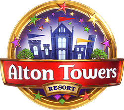 Circular Alton Towers logo featuring the Towers and colourful stars