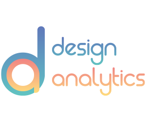 Design Analyics logo with a large blue 'd' letter on the left - with an orange 'a' on the inside. 