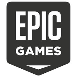Black and white Epic Game logo on black shield