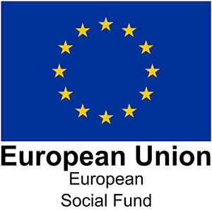 European Union Flag - twelve yellow stars in a ring on a royal blue back drop, with the words European Union, European Social Fund 