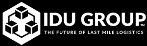 IDU group logo featuring a series of boxes, and the tagline: the future of last mile logistics