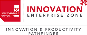 Red Staffordshire University logo, Innovation Enterprise zone logo with arrow design with Innovation & Productivity Pathfinder logo