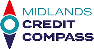 Midland Credit Compass logo, featuring a red, teal and navy blue compass pointing north