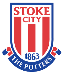 Red and white Stoke City football club emblem with blue accent, established date 1863 and club nickname "the potters"