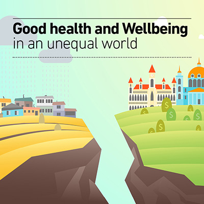 Good health and wellbeing illustrated by a poor looking village built on barren dry land with few crops across a gulf from rich looking buildings and lush green fields growing dollar signs