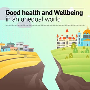 Good health and wellbeing illustrated by a poor looking village built on barren dry land with few crops across a gulf from rich looking buildings and lush green fields growing dollar signs