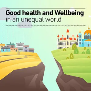 Good health and wellbeing illustrated by a poor looking village built on barren dry land with few crops across a gulf from rich looking buildings and lush green fields growing dollar signs