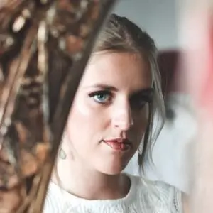A bride looking in a mirror