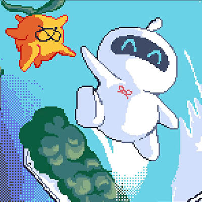 The words Beacon Bounce and 8-bit computer game style white robot jumping in the air