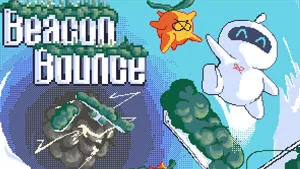 The words Beacon Bounce and 8-bit computer game style white robot jumping in the air
