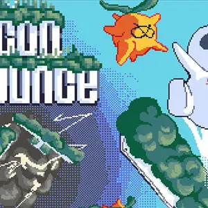 The words Beacon Bounce and 8-bit computer game style white robot jumping in the air