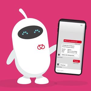 The Beacon app robot mascot holding a mobile phone against a pink background