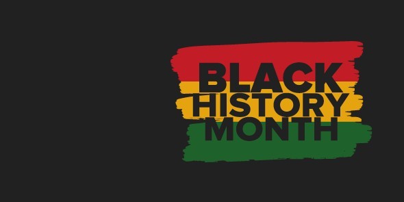 'Black History Month' written over red, yellow and green brushstrokes on a black background