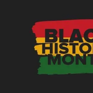 'Black History Month' written over red, yellow and green brushstrokes on a black background