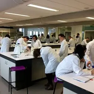 Students in white laboratory coats work at benches in a busy biomedical science lab.