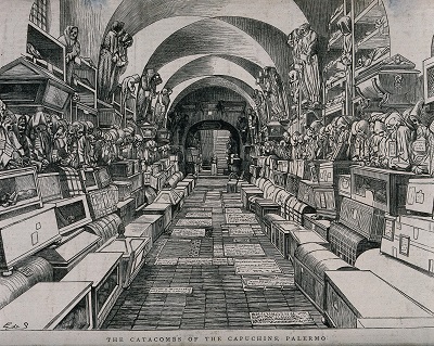 An engraving of the Capuchin tombs showing mummies lined up along the vaults