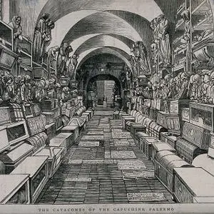 An engraving of the Capuchin tombs showing mummies lined up along the vaults
