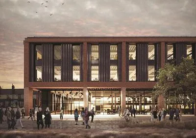 Evening architectural rendering of the Catalyst building with people gathered outside.