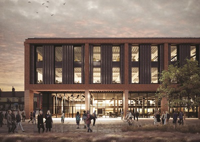 Evening architectural rendering of the Catalyst building with people gathered outside.
