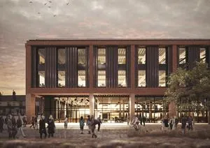 Evening architectural rendering of the Catalyst building with people gathered outside.
