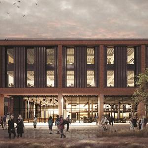 Evening architectural rendering of the Catalyst building with people gathered outside.