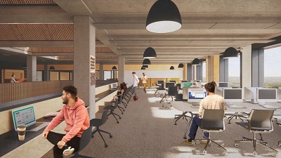 An artist's impression of a flexible learning space in our new Catalyst building showing a large room with many desks and computers and students sitting at some of them.