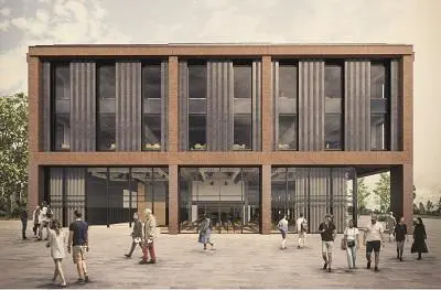 Architectural rendering of a modern two-storey brick and glass building with people outside.