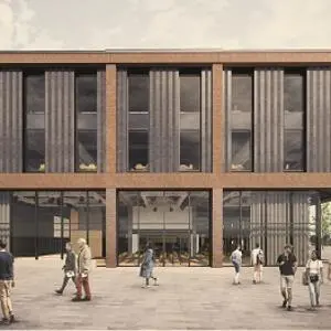 Architectural rendering of a modern two-storey brick and glass building with people outside.