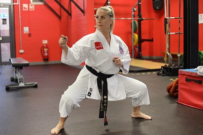 Clare Challinor in a karate pose at Sir Stanley Matthews Sports Centre